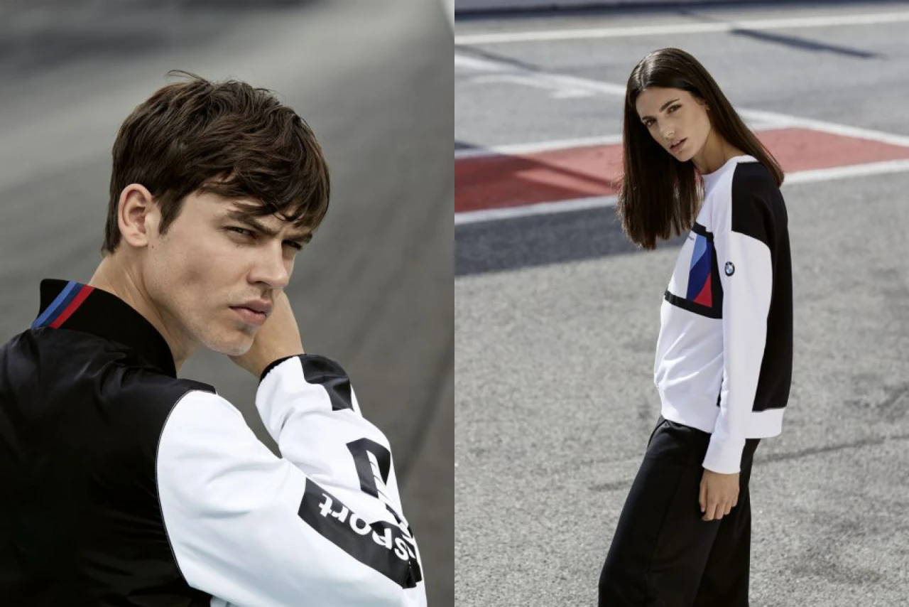 Post Production der Kampagnenmotive für BMW Formel 1. Collage von zwei Models, beide tragen BMW M Merchandise