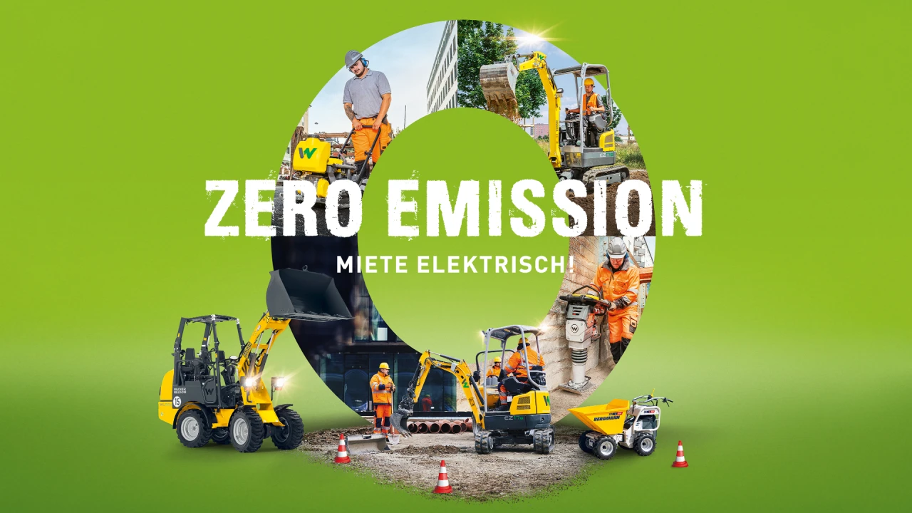 Für Themen-Kampagnen entwickelt Albert Bauer starke Key Visuals, die medienübergreifend zum Einsatz kommen.  Ein designtes Composing mit dem Schriftzug Zero Emission auf einem grünen Hintergrund, Baumaschinen, Baustellen und Arbeiter sind zu sehen