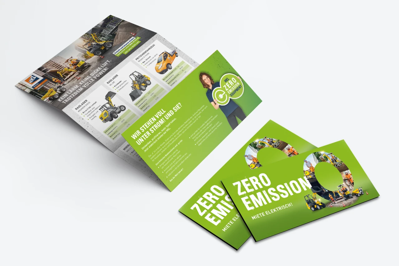 Spitze Zielgruppen-Kommunikation durch Dialogmarketing: Mit Selfmailern werden Produkte zum Kauf und zur Miete angeboten.   CGI Composing von Zero Emission Flyern und Broschüren