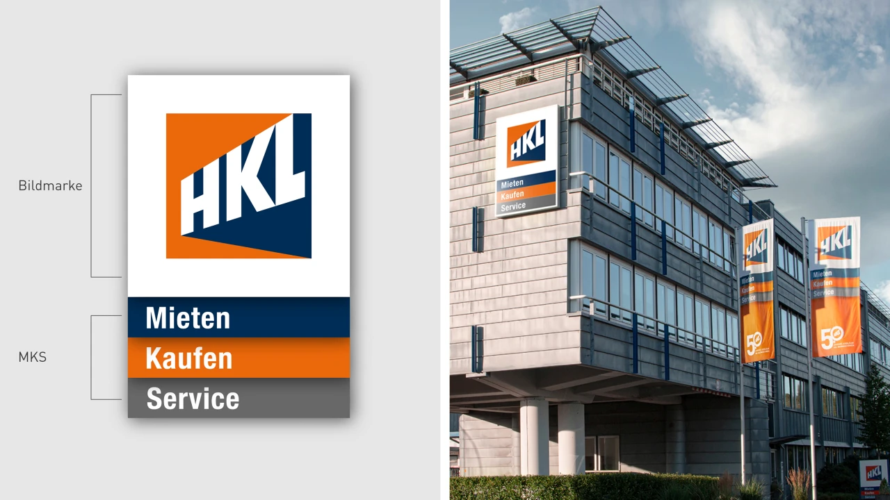 Zu den Aufgaben von Albert Bauer gehören auch die markenstrategische Beratung sowie fortlaufende Design-Entwicklungen.  Collage aus zwei Bildern, links das Logo von HKL und rechts ein CGI Rendering von eines HKL Bürogebäudes