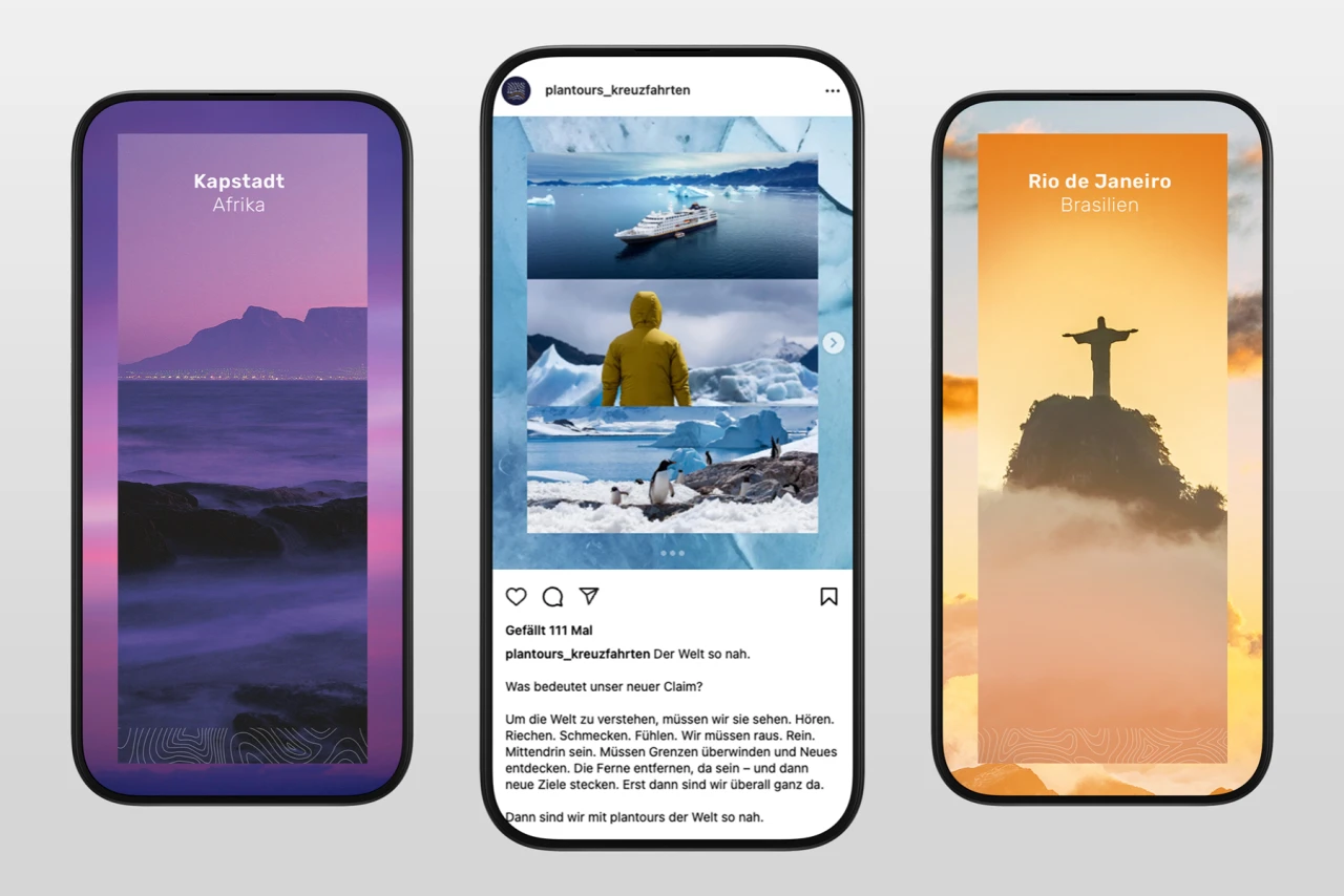 Albert Bauer konzipierte und gestaltete verschiedene vertriebsunterstützende Werbematerialien.   Drei Smartphones mit 2 abgebildeten Visuals und einem Instagram-Beitrag