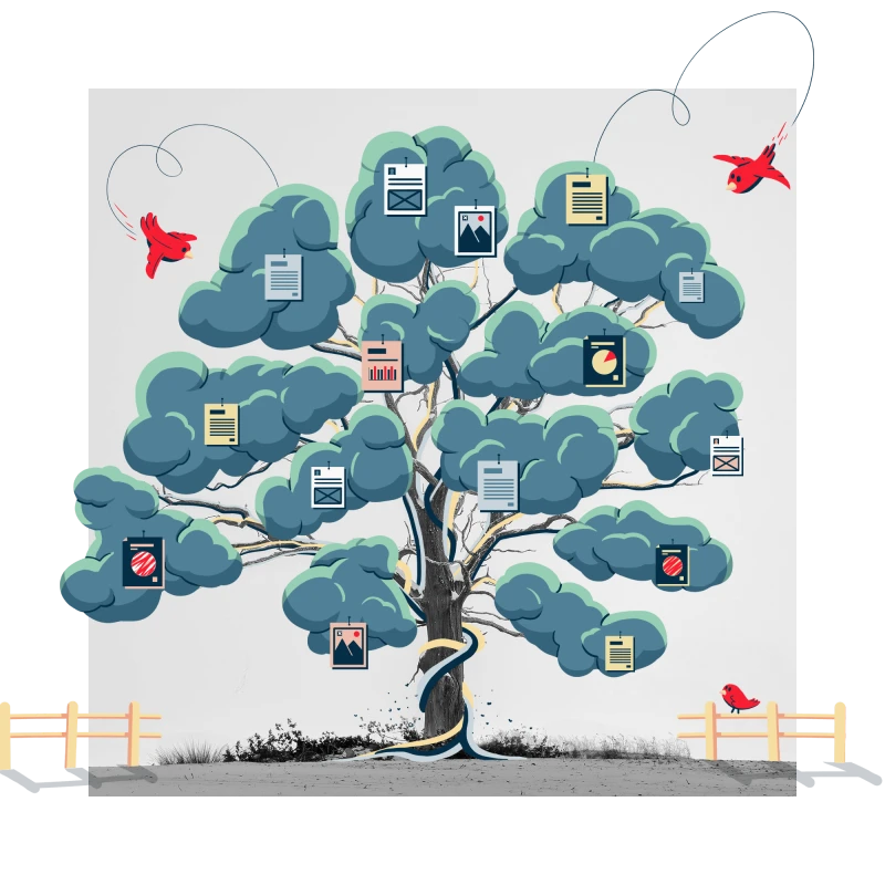 Illustration eines Baumes, daran hängen verschiedene Elemente als Blätter, z.b. eine Checkliste, ein Kalender und eine Statistik