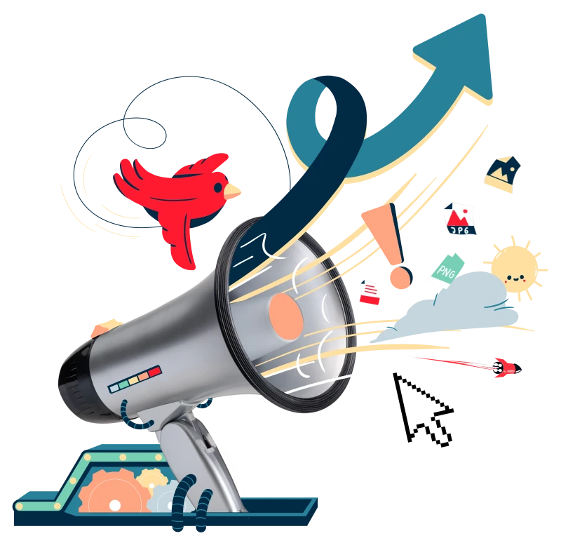 Visual eines Megaphones, daneben mehrere Illustrationen, Ein Vogel, Ein Ausrufezeichen, eine Sonne, ein Pfeil welcher nach oben zeigt
