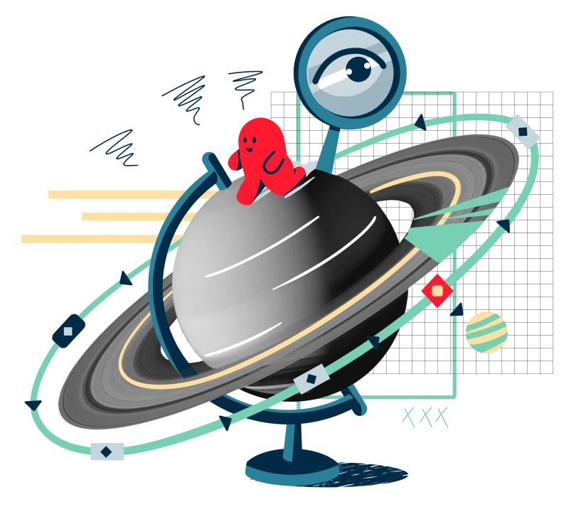 Visual von einem Globus, darum mehrere illustrierte Elemente, eine Lupe, eine dunkle Umrandung die an die Umrandung des Saturns erinnert