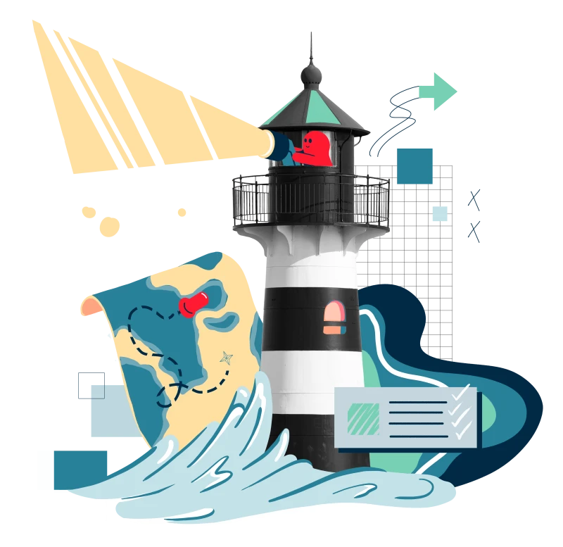 Ein Visual, bestehend aus einem Leuchtturm und darumliegenden Illustrationen, eine Checkliste, eine Landkarte und ein Fernglas